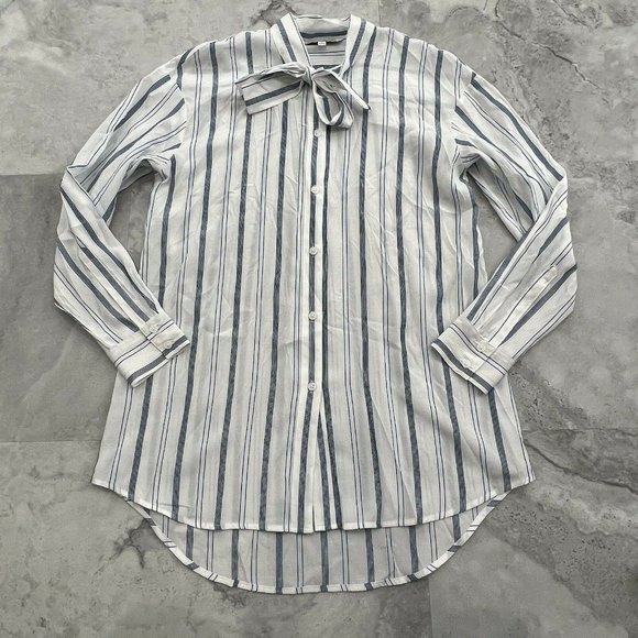 Elizabeth And James Womens Size M Blue White Stripe Tie Neck Button Down Shirt - Picture 1 of 9